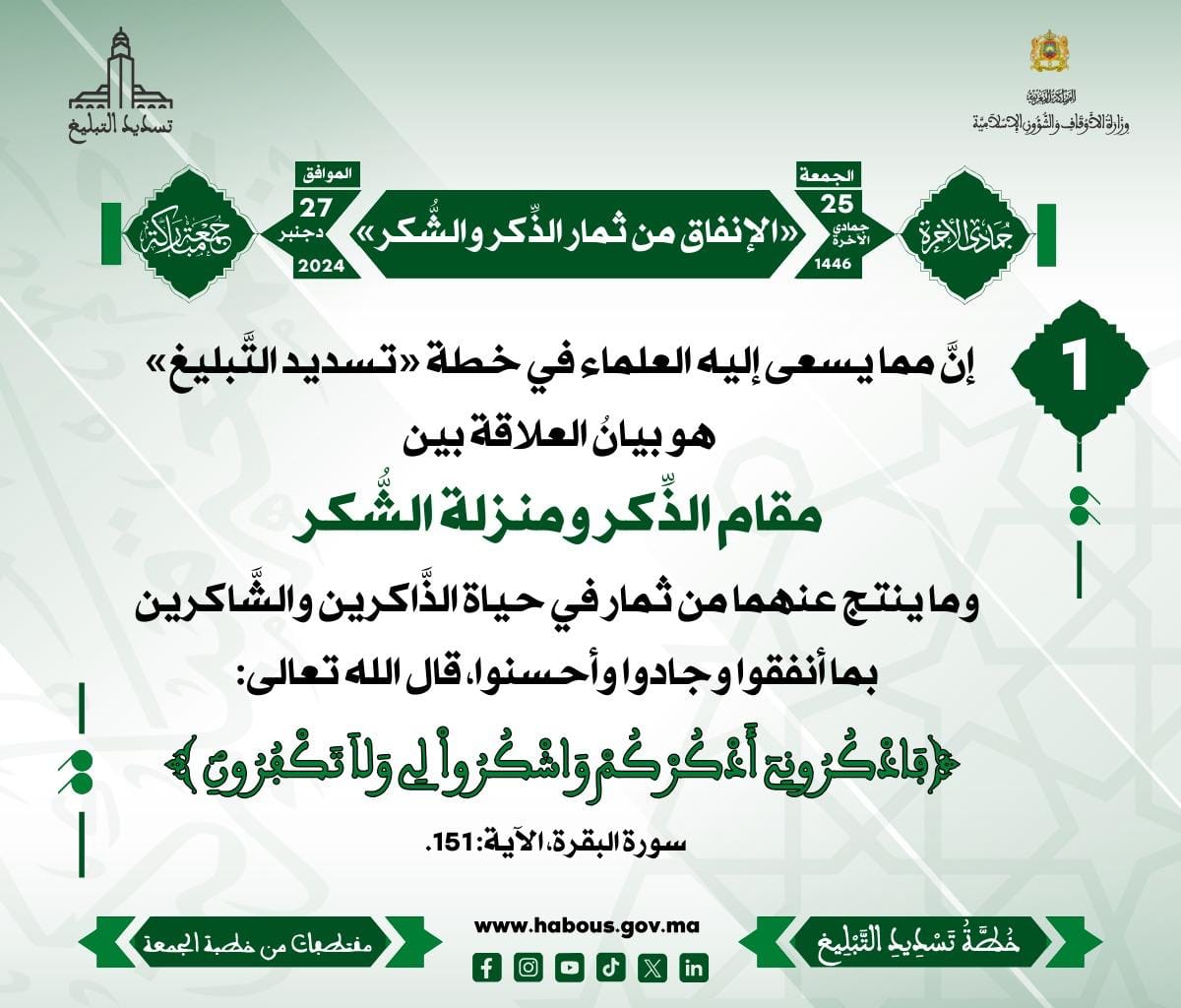 *** «الإنفاق من ثمار الذِّكر والشُّكر» (01) .