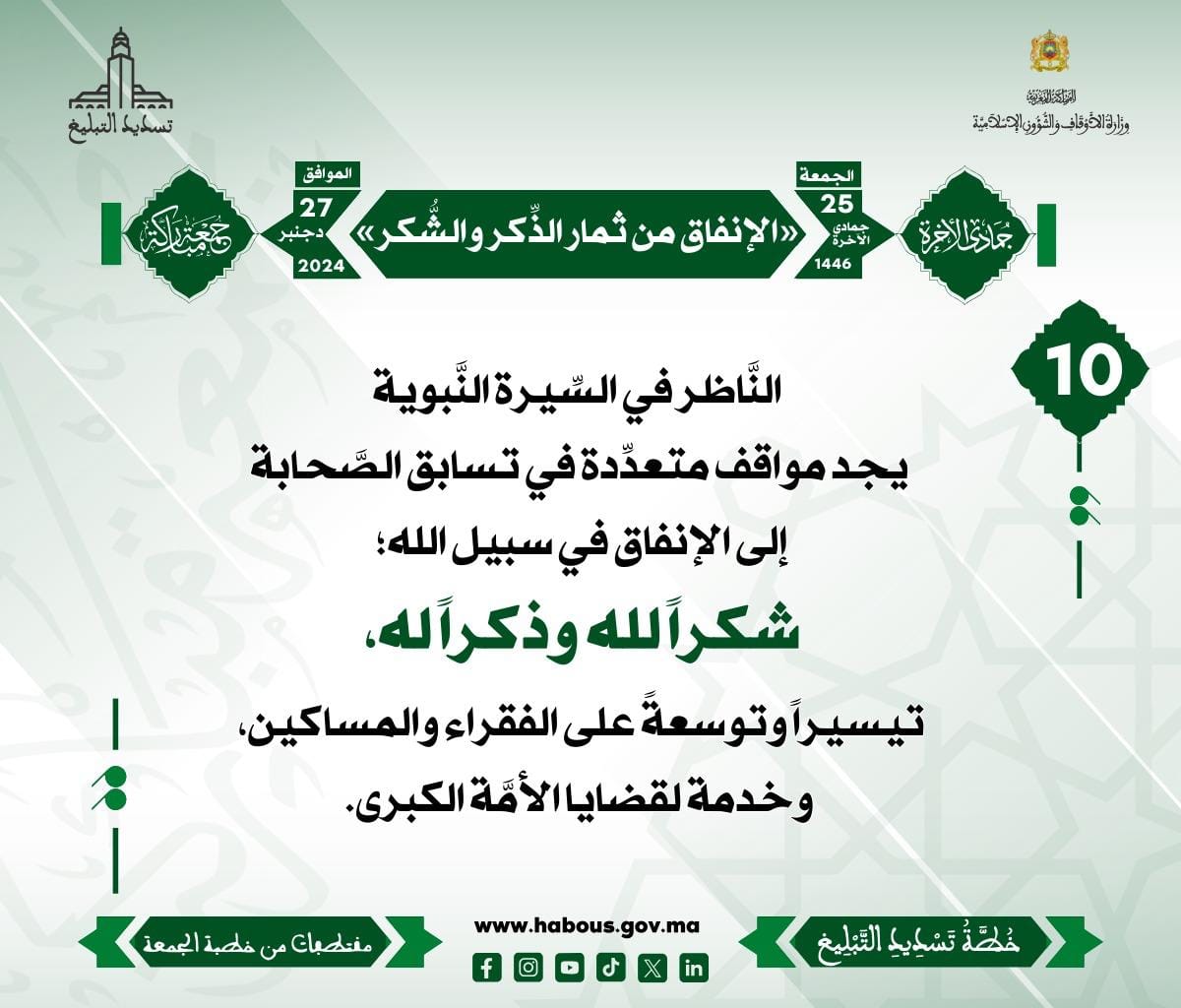 *** «الإنفاق من ثمار الذِّكر والشُّكر» (10) .