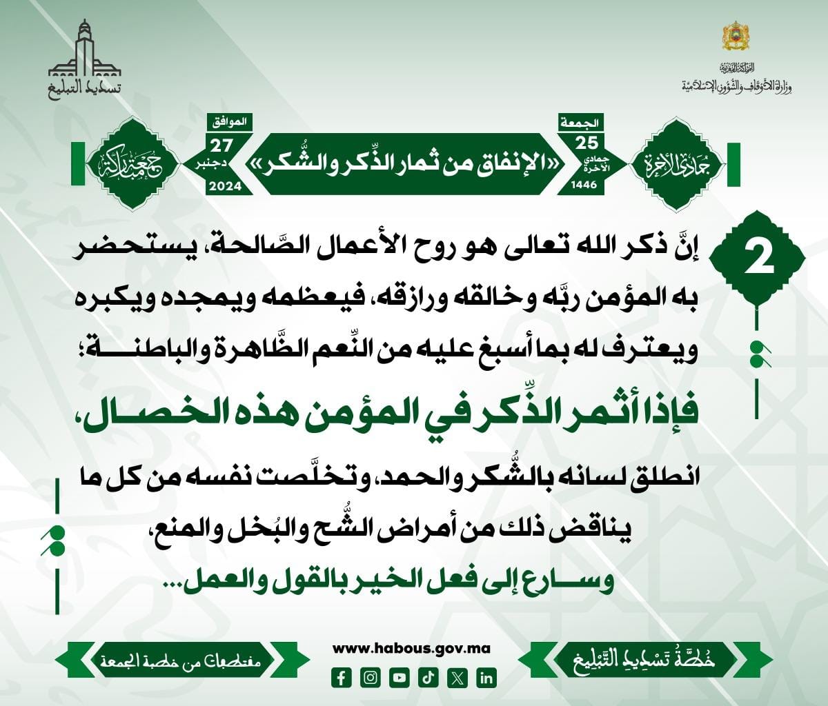 *** «الإنفاق من ثمار الذِّكر والشُّكر» (02) .