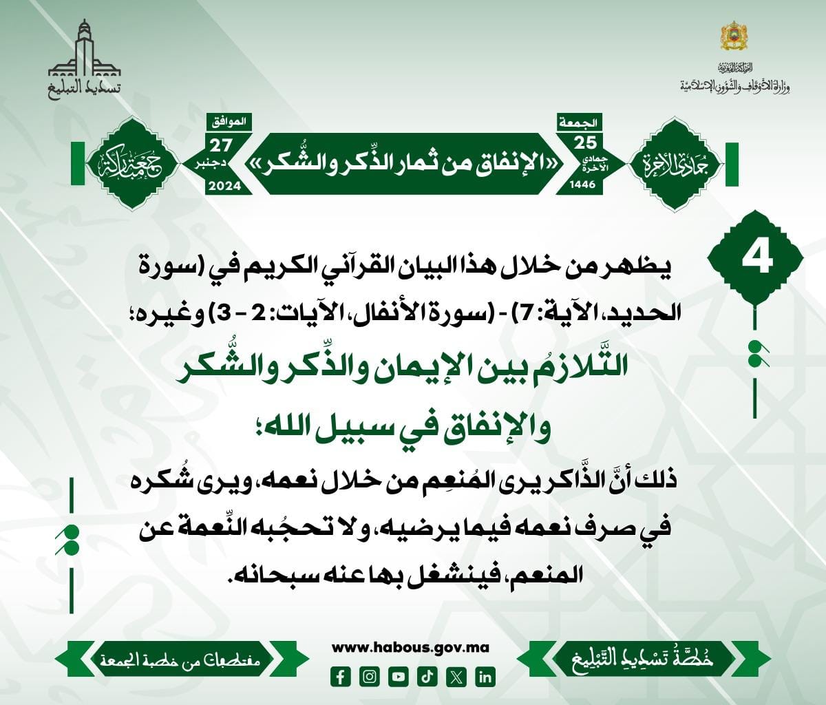 *** «الإنفاق من ثمار الذِّكر والشُّكر» (04) .