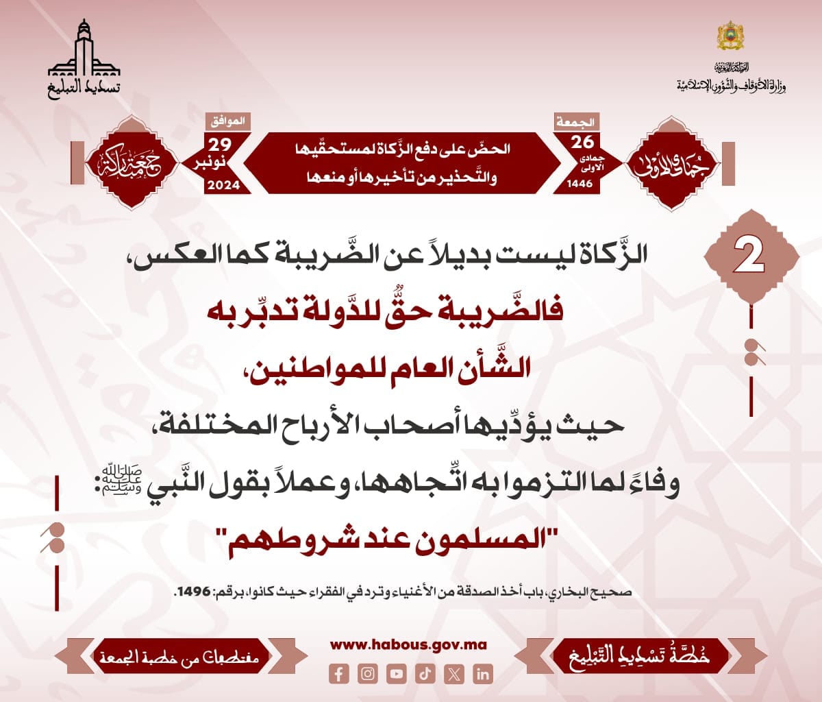 *** «‌‌الحضّ على دفع الزَّكاة لمستحقِّيها والتَّحذير من تأخيرها أو منعها» (02) .