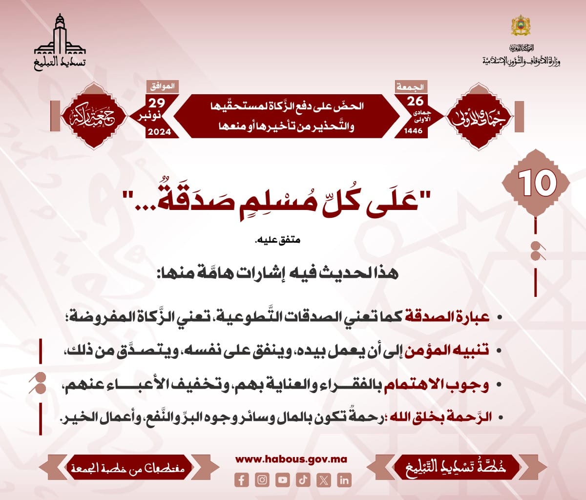 *** «‌‌الحضّ على دفع الزَّكاة لمستحقِّيها والتَّحذير من تأخيرها أو منعها» (10) .