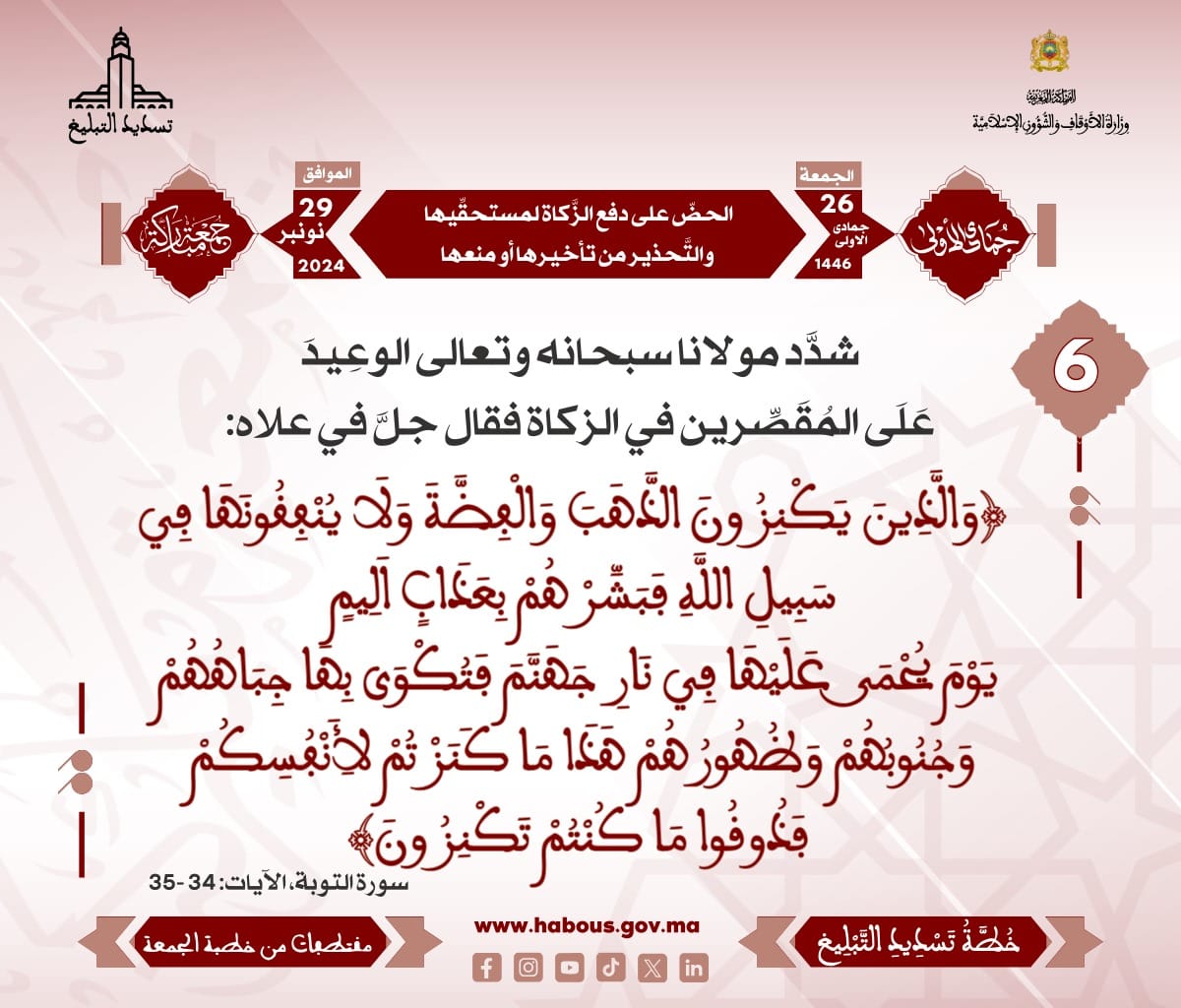 *** «‌‌الحضّ على دفع الزَّكاة لمستحقِّيها والتَّحذير من تأخيرها أو منعها» (06) .