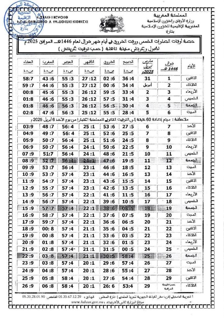 IMG_1273-724x1024 حصة أوقات الصلاة لشهر شوال 1446 هـ بإقليم تازة