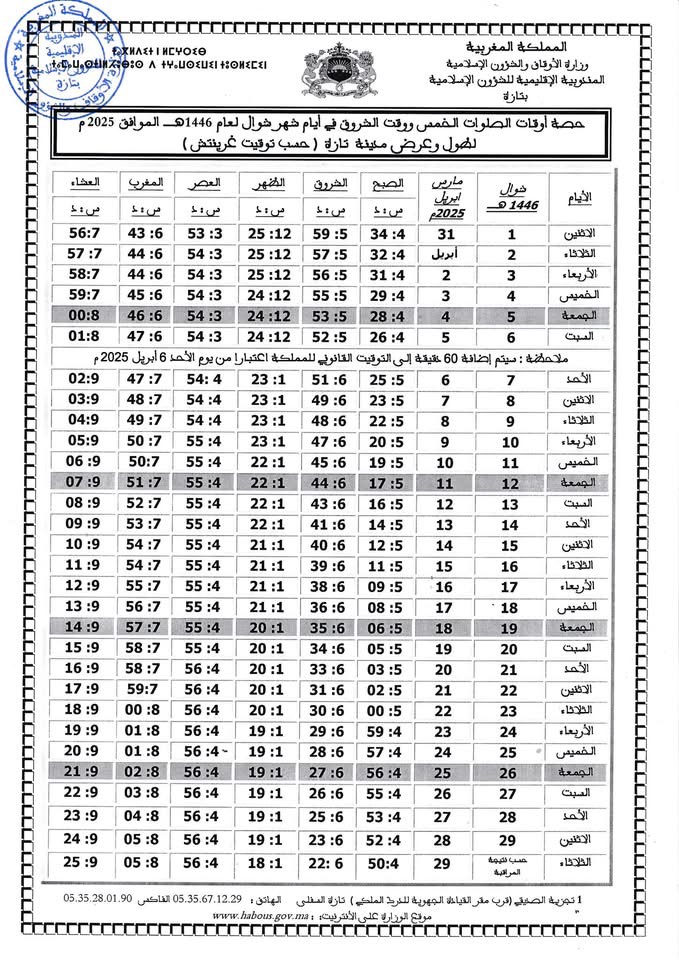 حصة أوقات الصلاة لشهر شوال 1446 هـ بإقليم تازة