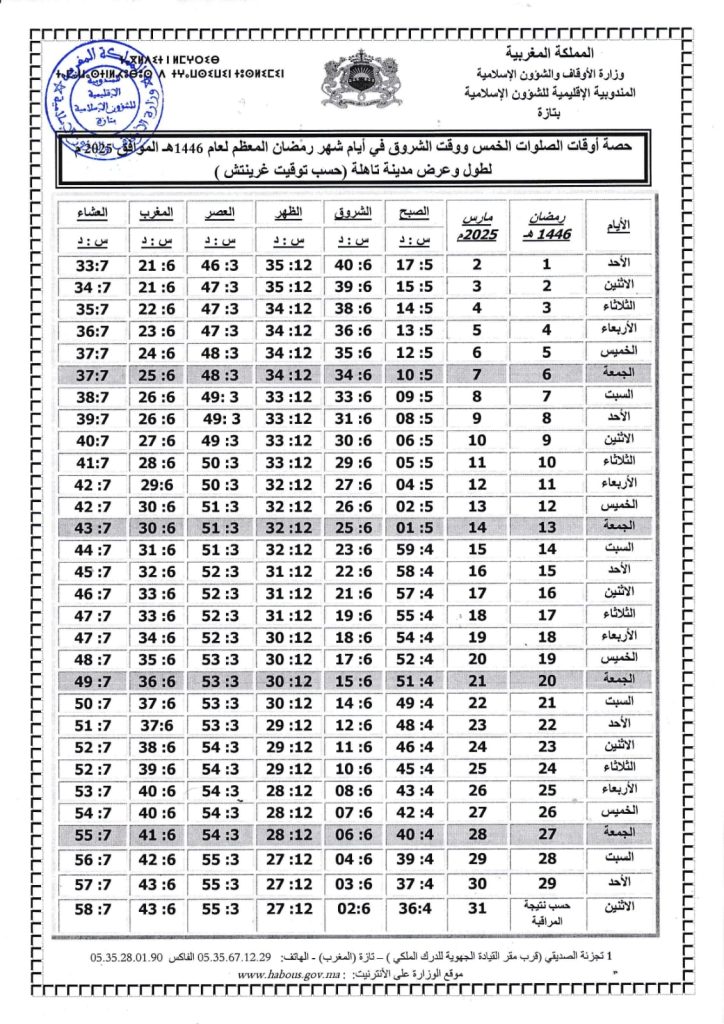 WhatsApp-Image-2025-03-01-at-17.54.56-3-724x1024 حصة أوقات الصلوات الخمس ووقت الشروق في أيام شهر رمضان المعظم لعام 1446هـ الموافق 2025 م لطول وعرض مينة تازة (حسب توقيت غرينيتش)