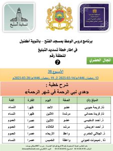جداول-تسديد-التبلغ-تازة-الأسبوع-ا-عشر_page-0007-225x300 *** برنامج دروس تسديد التبليغ الخاص بمناطق التجريب : ( ‘ الأسبوع 38 ‘ ) .  من 13 رمضان 1446هـ/14-03-2025 إلى 19 رمضان 1446هـ/20-03-2025م