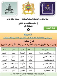 جداول-تسديد-التبلغ-تازة-الأسبوع-العن-عشر_page-0003-1-225x300 *** برنامج دروس تسديد التبليغ الخاص بمناطق التجريب : ( ‘ الأسبوع 40 ‘ ) . من 27 رمضان 1446هـ/28-03-2025 إلى 04 شوال 1446هـ/03-04-2025م