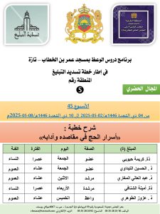 جداول-تسديد-التبلغ-تازة-الأسبوع-العن-عشر_page-0005-225x300 *** برنامج دروس تسديد التبليغ الخاص بمناطق التجريب : ( ‘ الأسبوع 45 ‘ ) من 04 ذي القعدة 1446هـ/02-05-2025 إلى 10 ذي القعدة 1446هـ/08-05-2025م