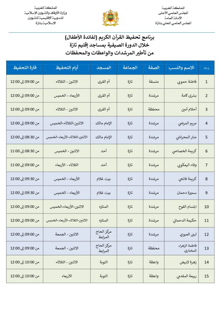 مراكز-الدورة-الصيفية-للمرشدات-والمحفظات_page-0001-1-724x1024 برنامج تحفيظ القرآن الكريم (لفائدة الأطفال) خلال الدورة الصيفية بمساجد إقليم تازة من تأطير المرشدات والواعظات والمحفظات
