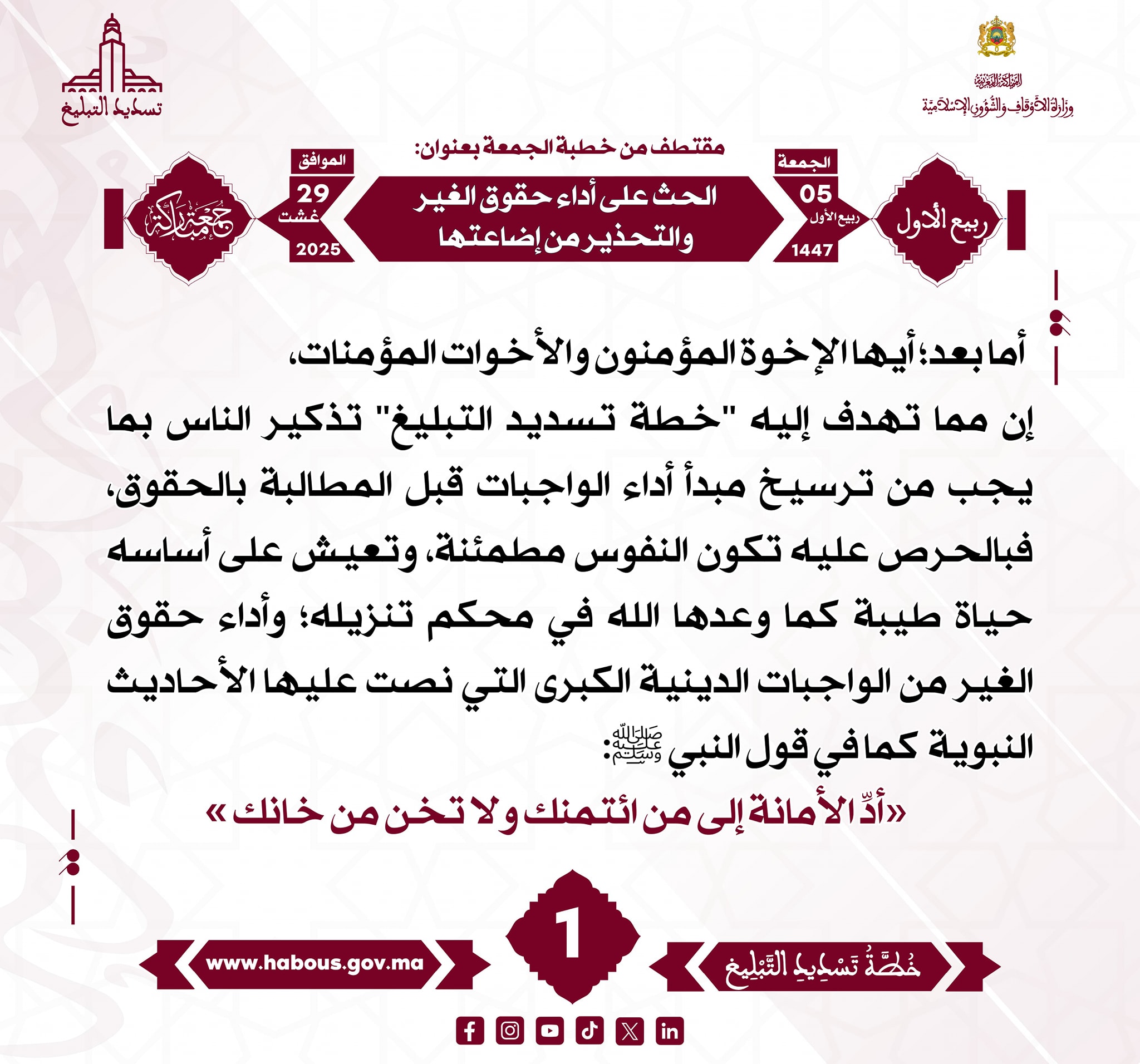 “الحث على أداء حقوق الغير والتحذير من إضاعتها” (01) .