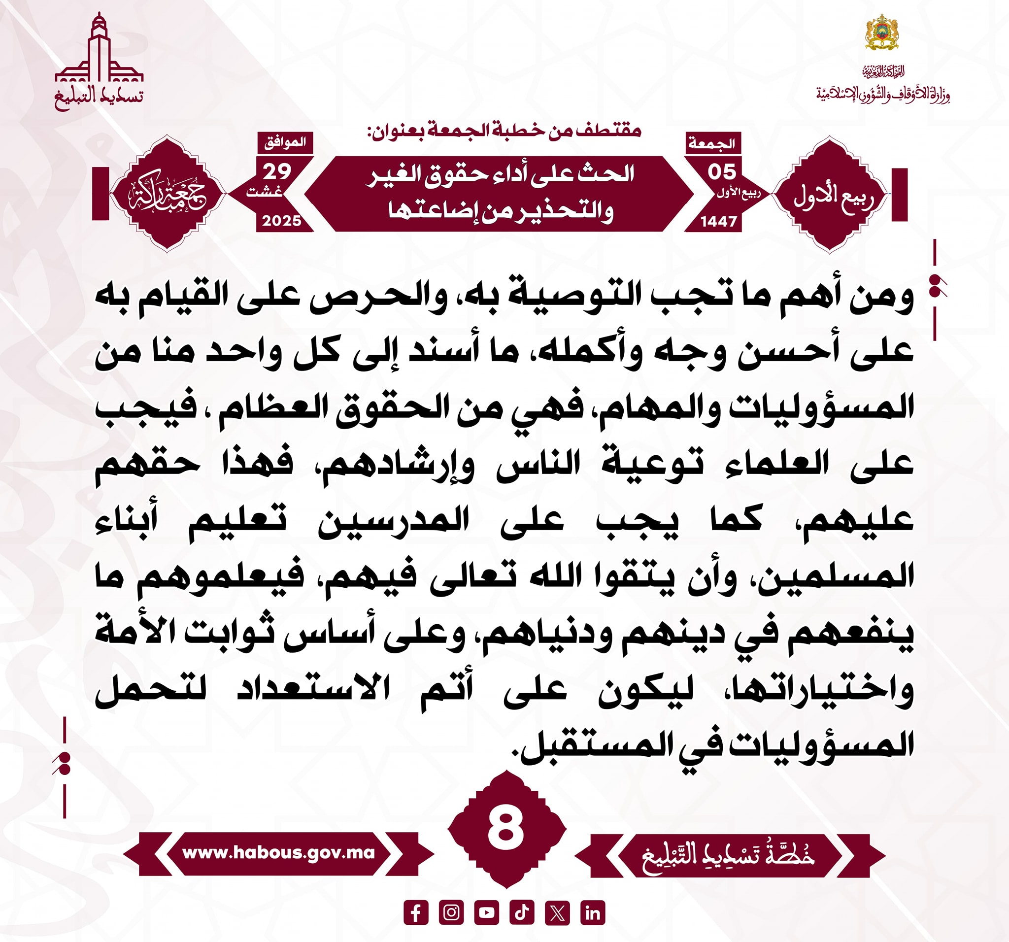 “الحث على أداء حقوق الغير والتحذير من إضاعتها” (08) .