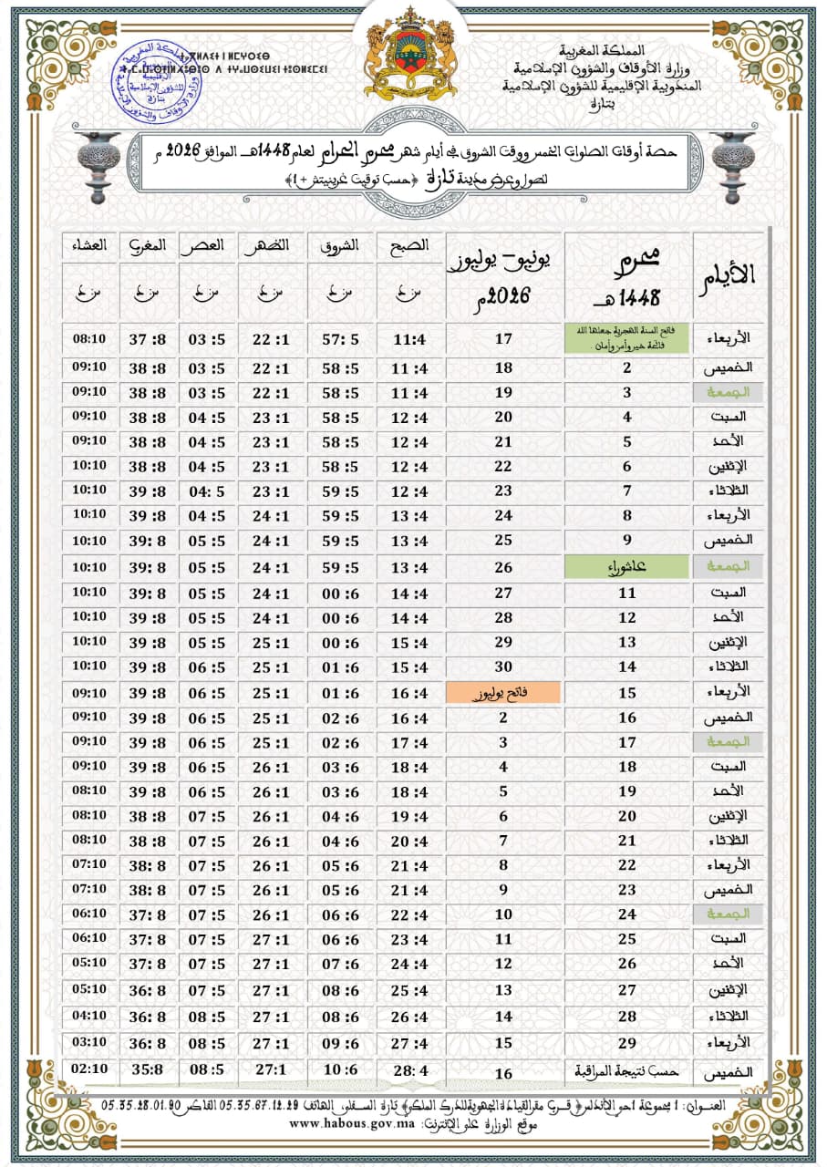 حصص أوقات الصلوات الخمس.